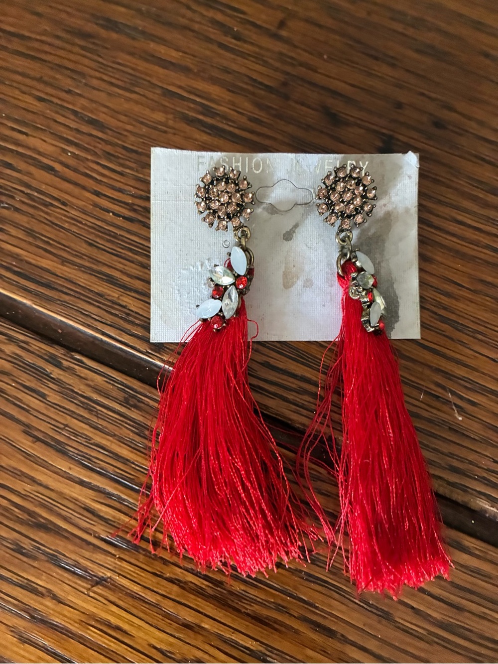 Fashion Jewelry Bright Red Tassel Earrings with Rhinestone Cluster